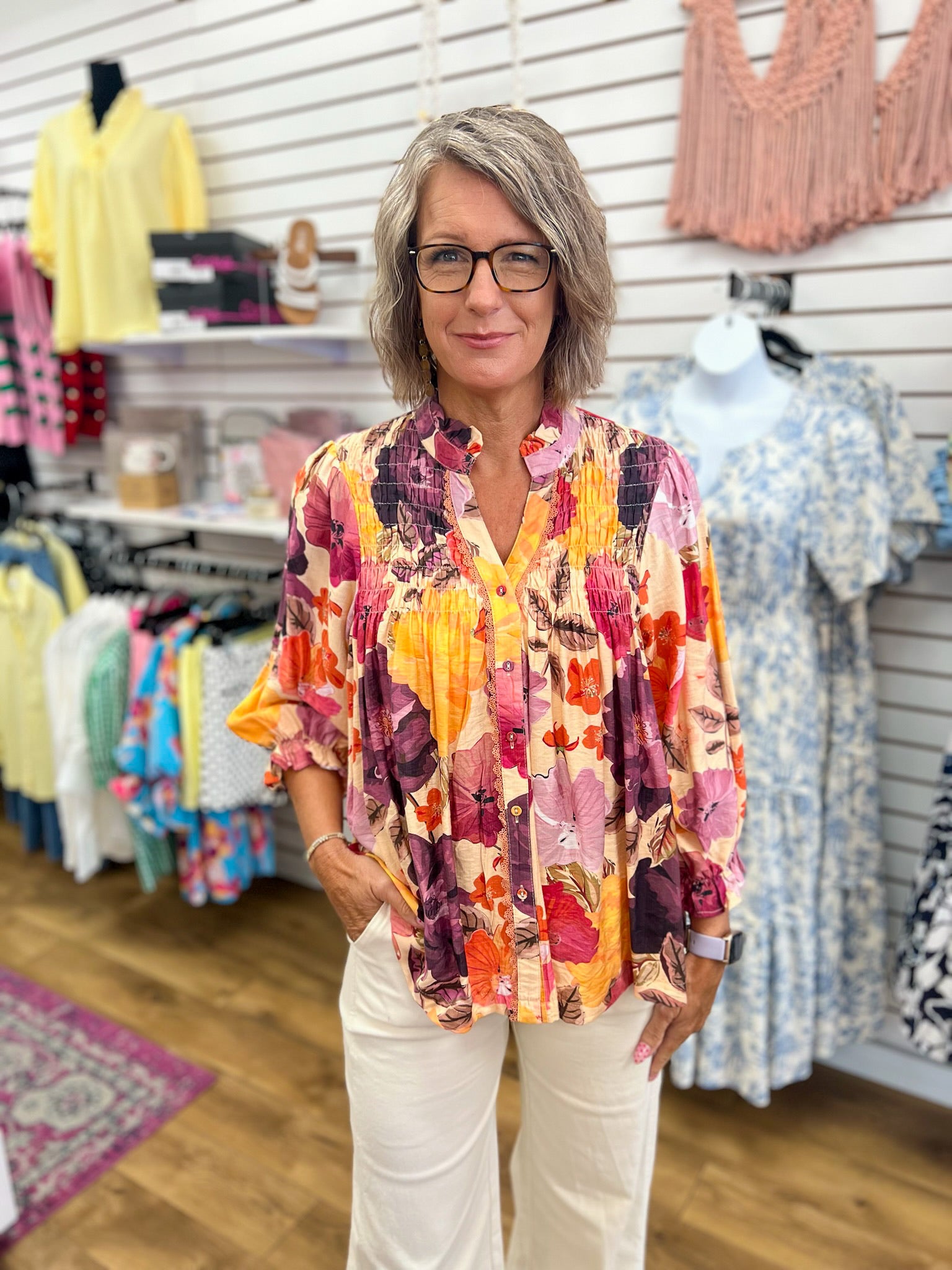 Umgee ecru floral button-up blouse with pintuck pleating and voluminous 3/4 sleeves