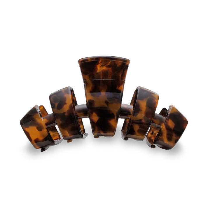 Large tortoise shell hair claw clip with square teeth in brown acetate pattern