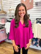 Magenta V-Neck Top with 3/4 Sleeves - A'Bekah's Boutique