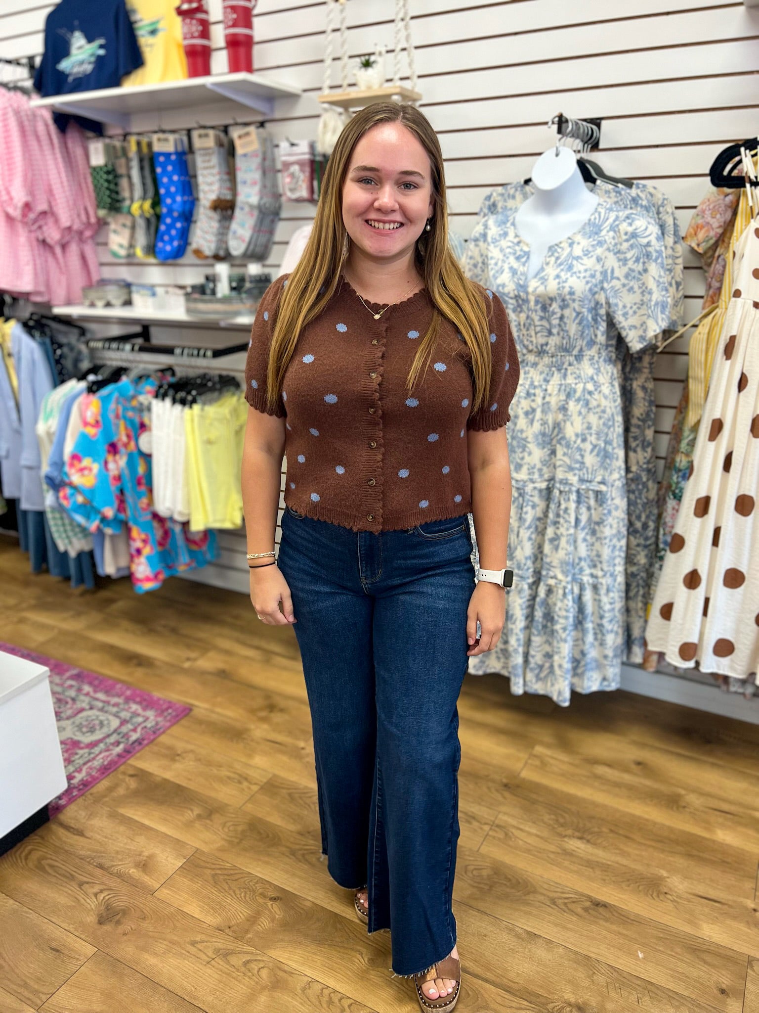 Entro brown knit sweater top with blue polka dots, button front, short puff sleeves
