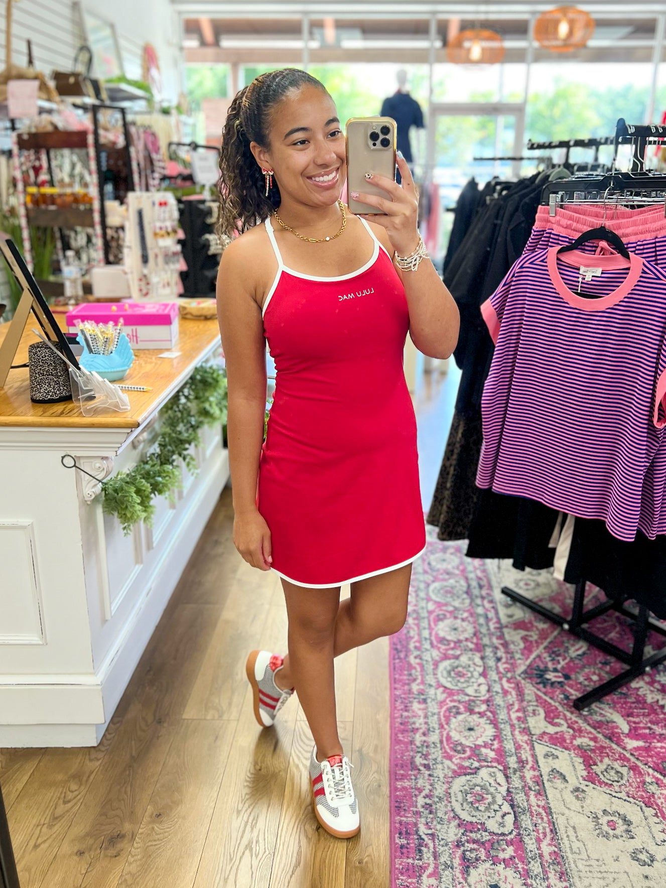 Lulu Mac red athletic mini dress with white trim and spaghetti straps