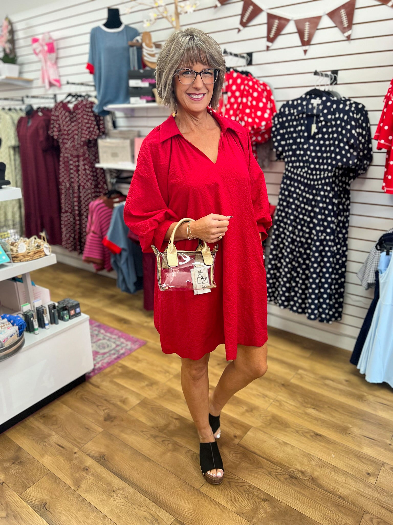 Red v-neck 3/4 bubble sleeve dress with scalloped hem by Umgee