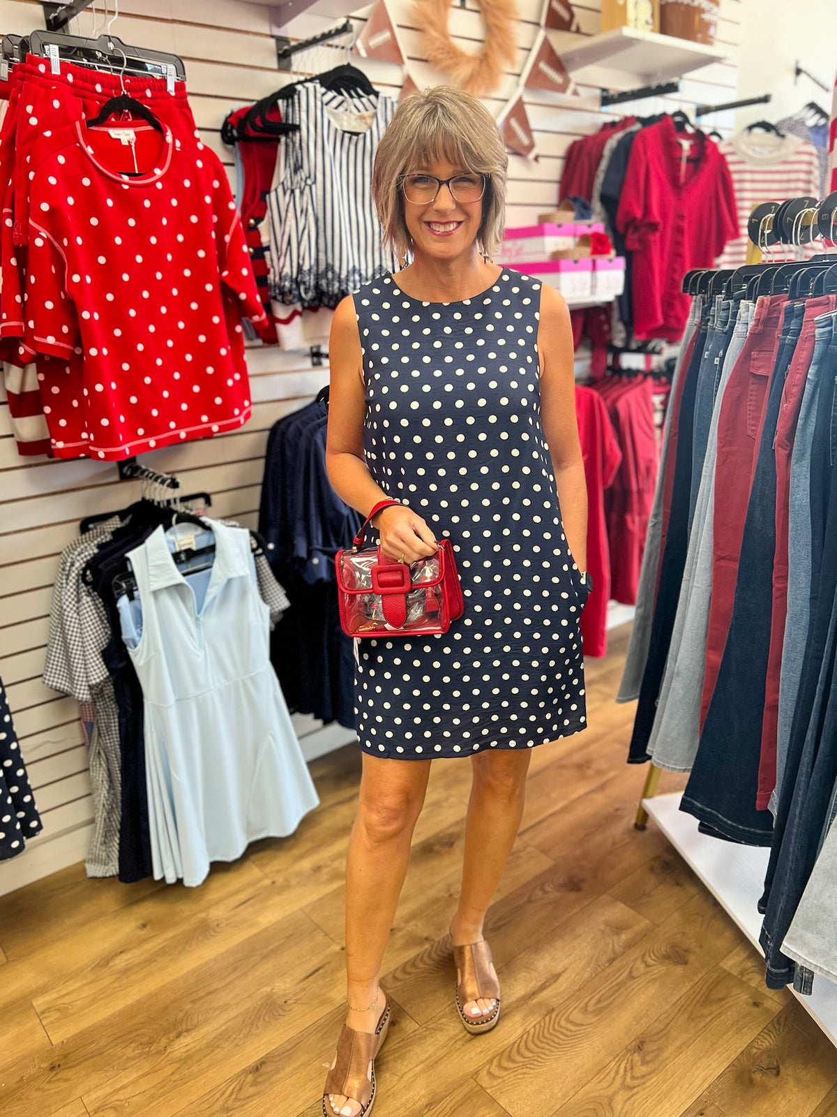 She + Sky navy blue sleeveless shift dress with white polka dots and pockets