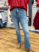 Judy Blue light wash high waist bootcut jeans with subtle fading, 30 inch inseam