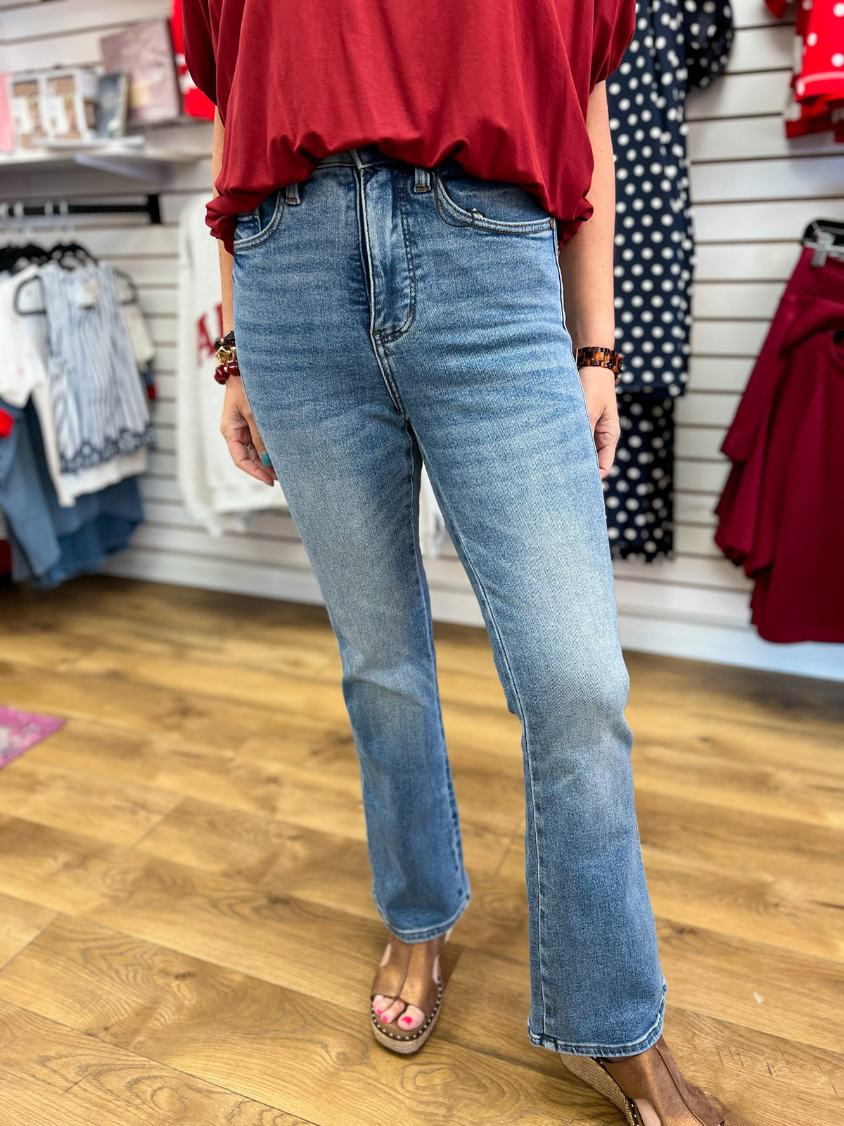 Judy Blue light wash high waist bootcut jeans with subtle fading, 30 inch inseam