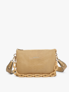Beige lizard-embossed crossbody bag with chunky chain strap and gold hardware