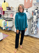 Umgee teal green satin long sleeve blouse with tie neck and ruffle cuffs