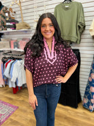Wine Polka Dot V-Neck Top with Short Dolman Sleeves