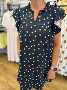 She + Sky black white polka dot ruffle sleeve shift dress with pockets