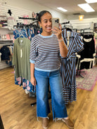 Blu Pepper chocolate brown and light blue striped short sleeve knit sweater