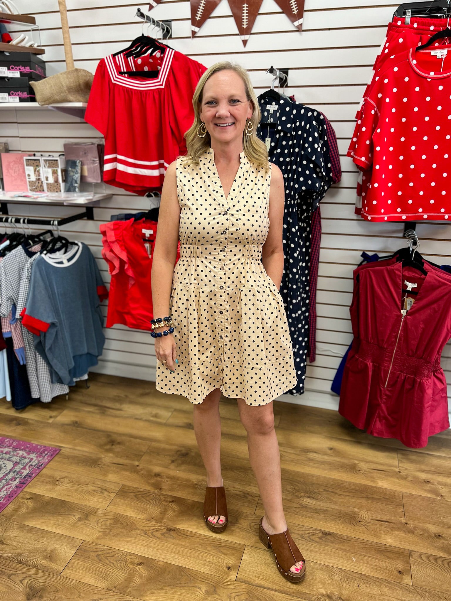 Entro ecru sleeveless polka dot button-front mini dress with cinched waist and pockets