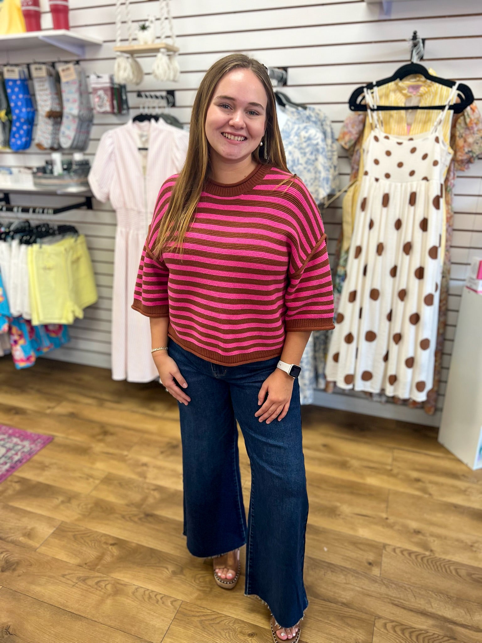 Pink and brown striped short sleeve knit crop top with ribbed hem