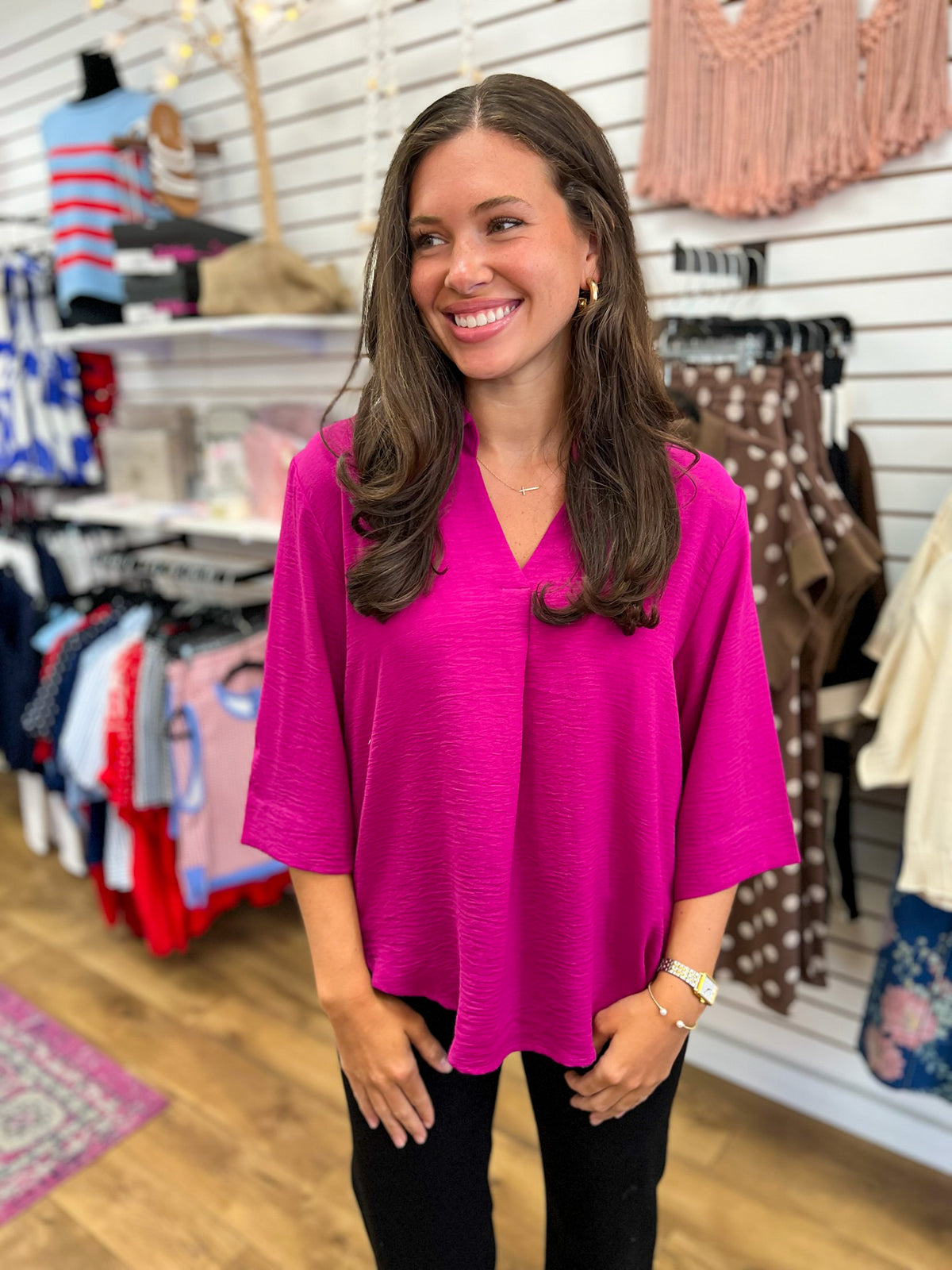 She + Sky magenta v-neck top with 3/4 sleeves and relaxed fit