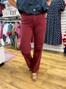 Mica Denim high rise wide leg jeans in deep burgundy with 31 inch inseam