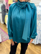 Umgee teal green satin long sleeve blouse with ruffle tie neck