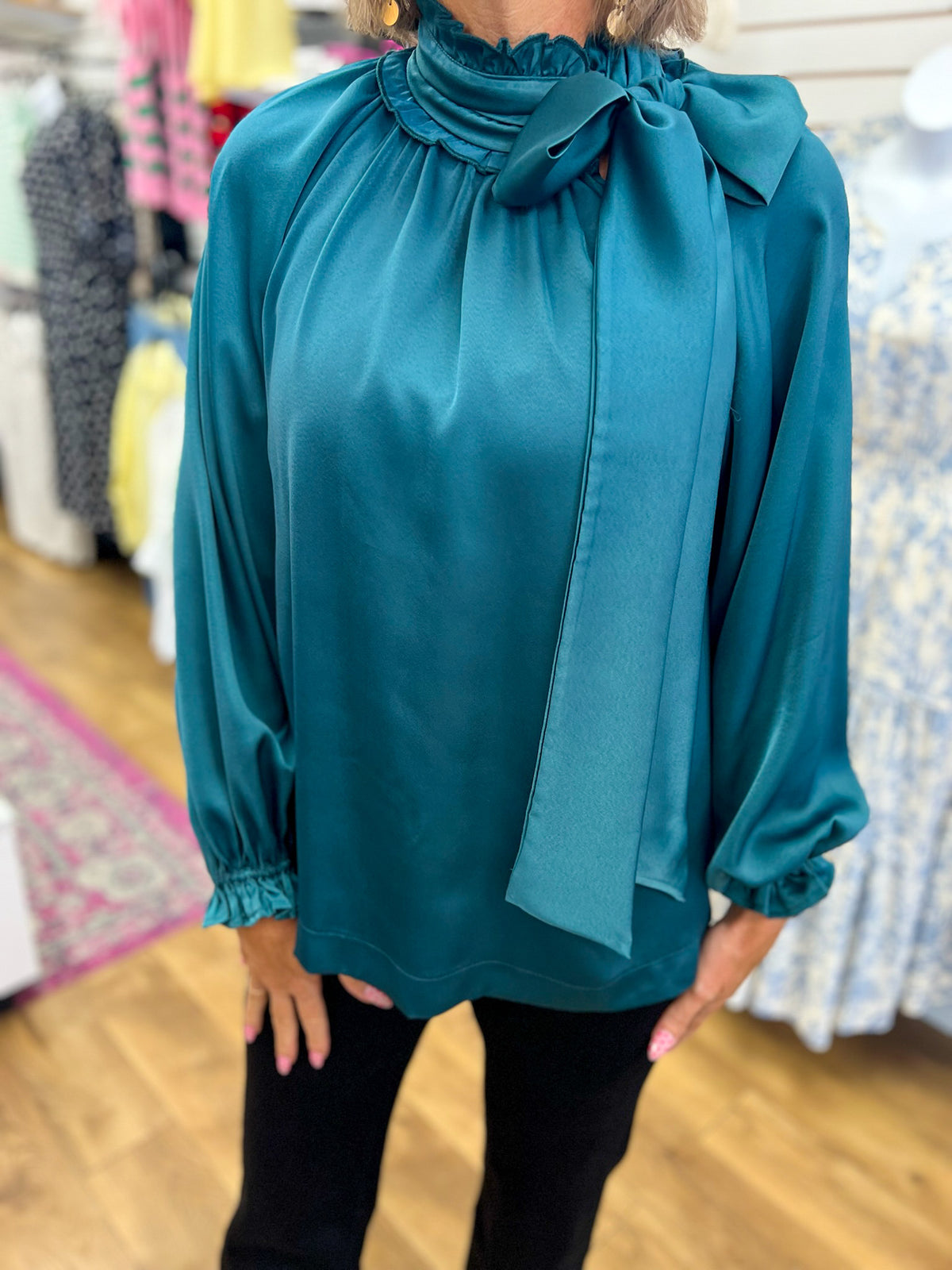 Umgee teal green satin long sleeve blouse with ruffle tie neck