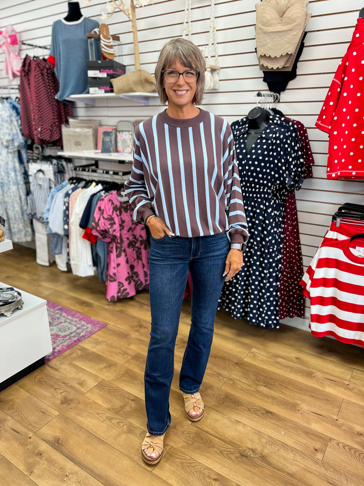 Ash brown and blue vertical striped sweater with long batwing sleeves