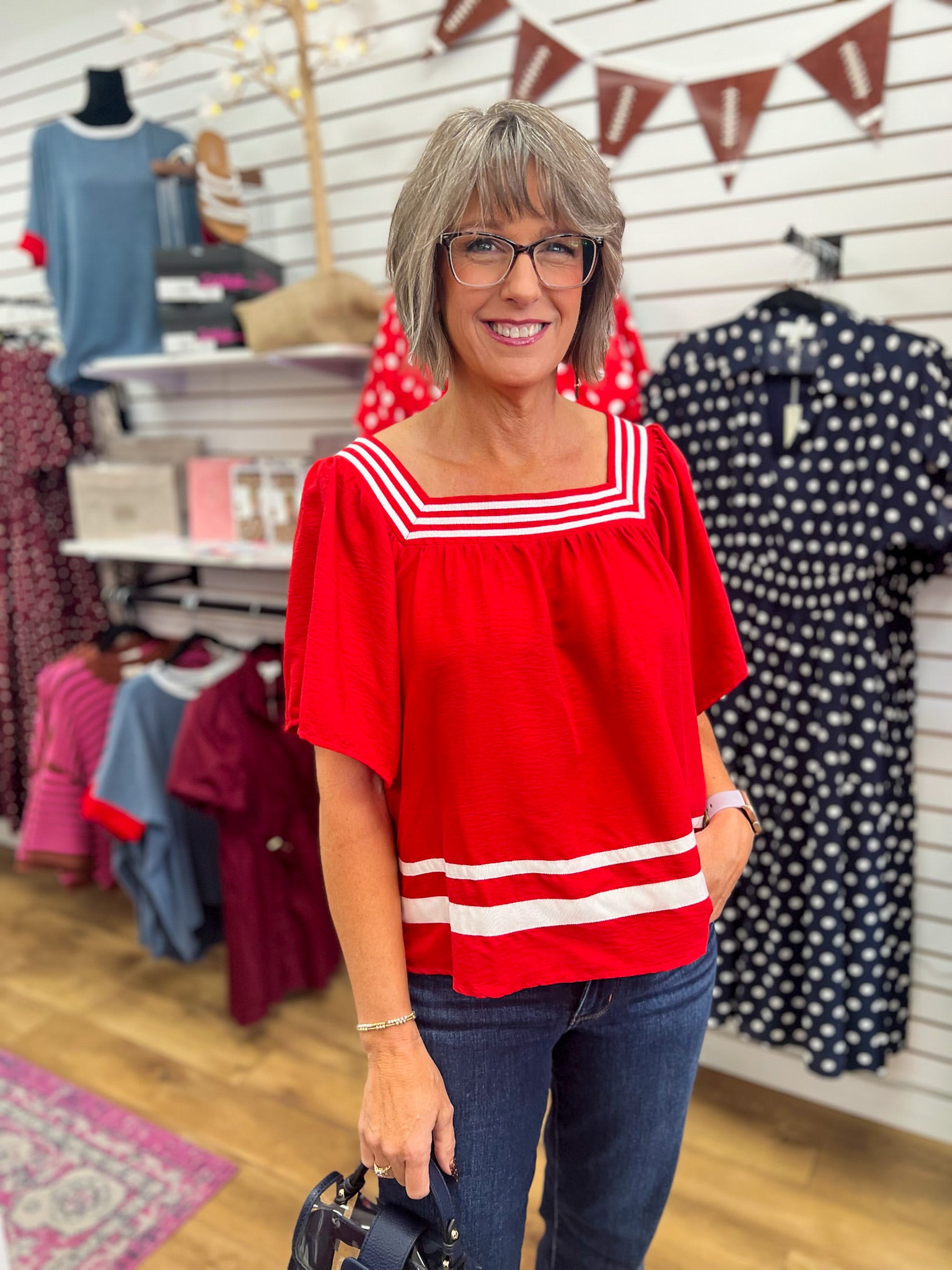 She + Sky red short sleeve top with white contrast stripe details