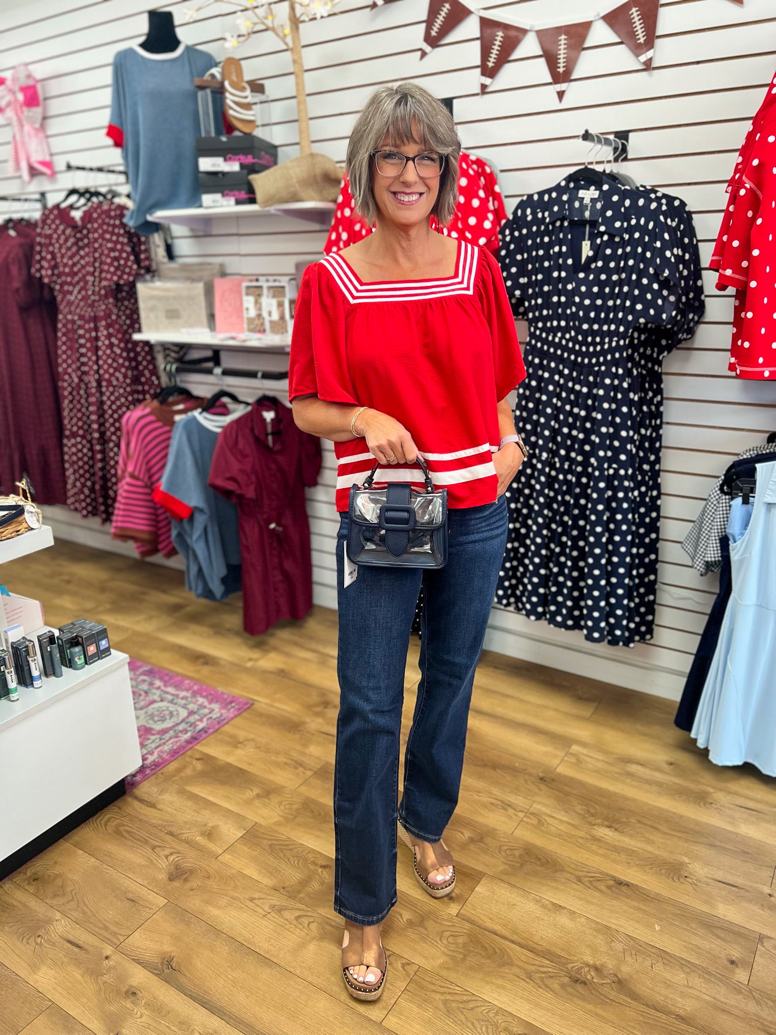 She + Sky red short sleeve top with white contrast stripe details