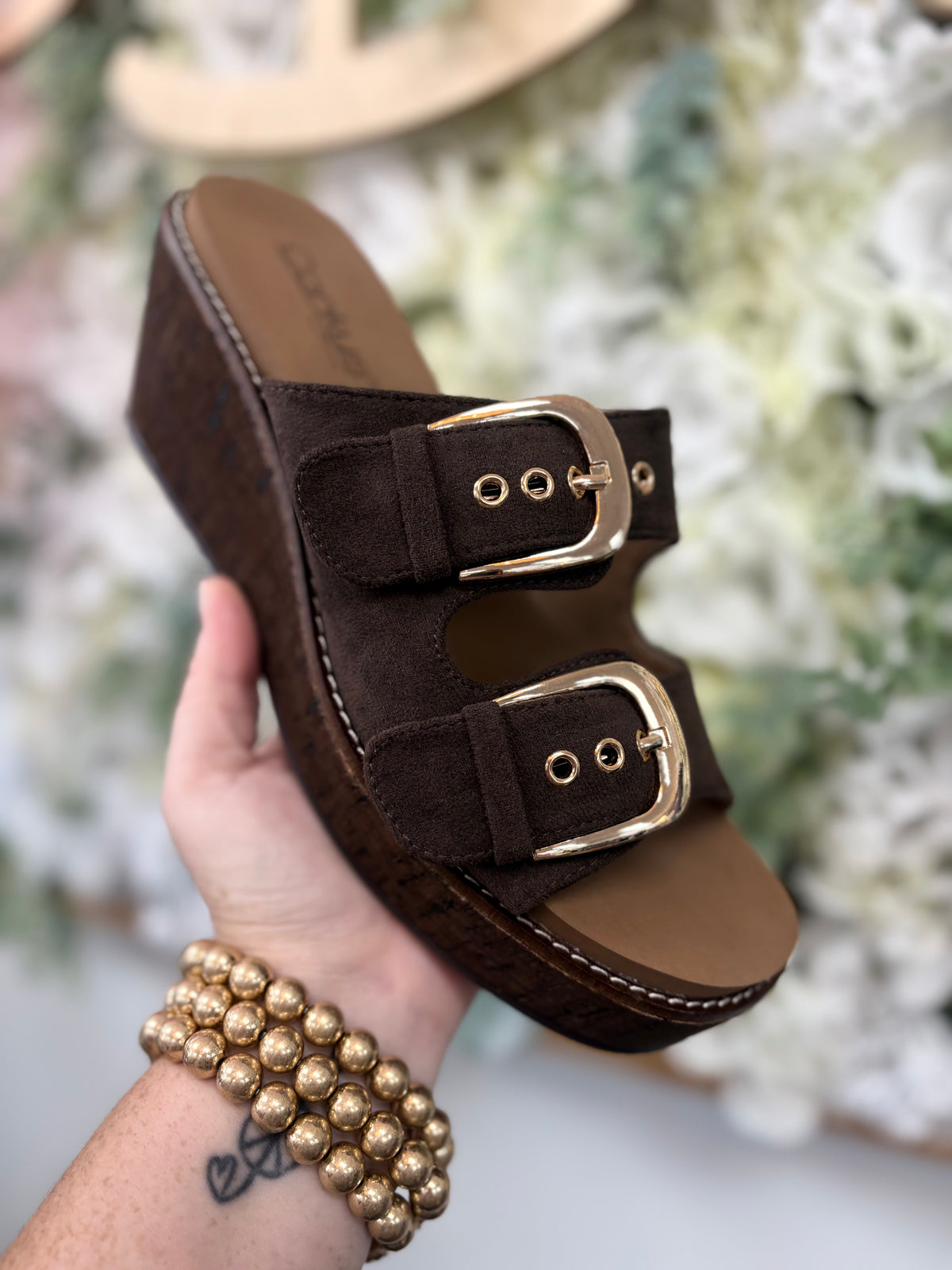 Corkys chocolate brown suede double buckle wedge slide sandals with gold hardware