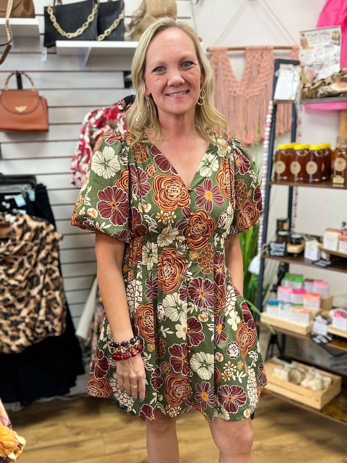 Entro olive green floral mini dress with rust blooms and short puff sleeves
