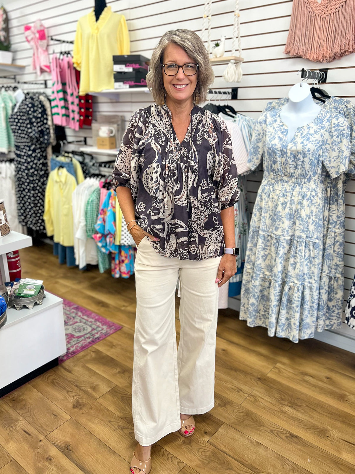Black and cream paisley boho blouse with 3/4 sleeves and V-neckline