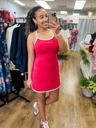 Lulu Mac red athletic mini dress with white trim and spaghetti straps