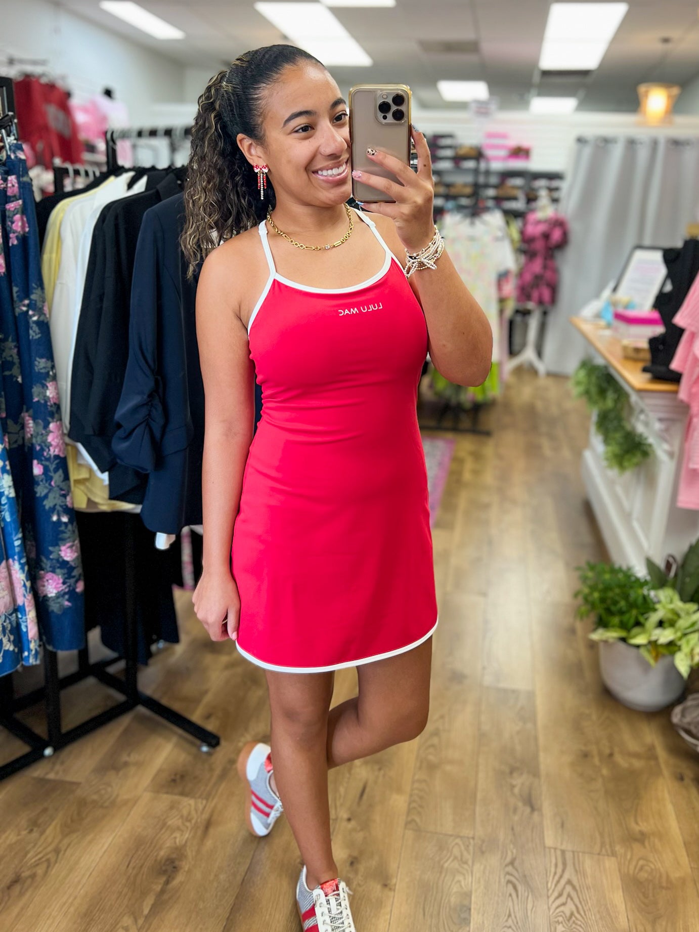 Lulu Mac red athletic mini dress with white trim and spaghetti straps