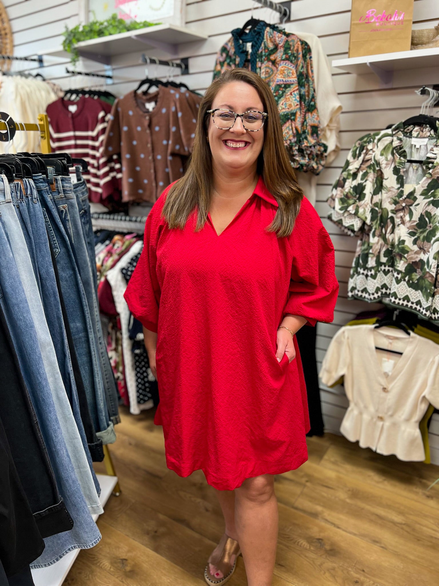 Red V-neck 3/4 bubble sleeve dress with scalloped hem by Umgee