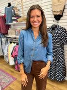 Blu Pepper light blue chambray button-down top with collar and 3/4 tab sleeves