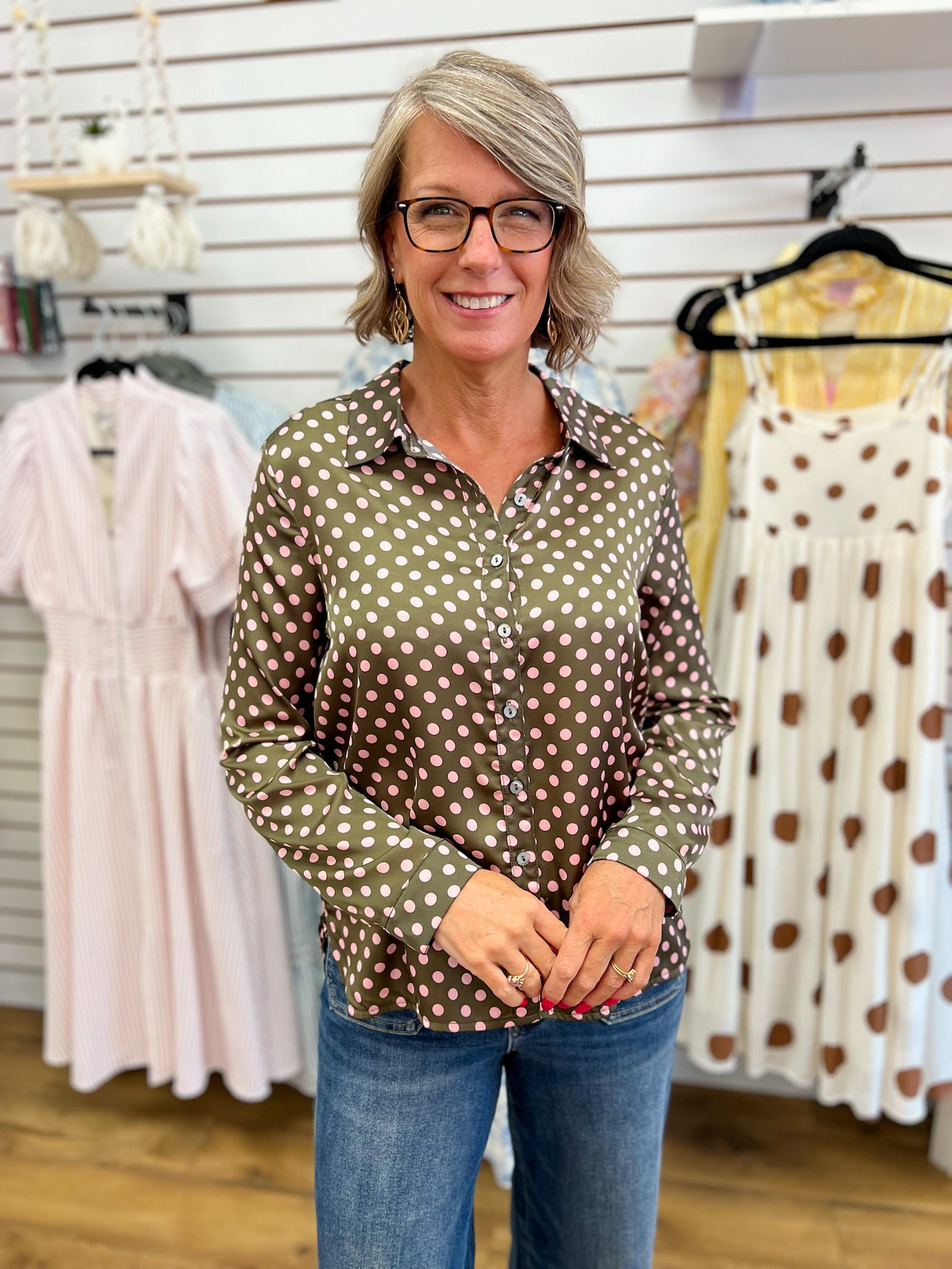 Olive satin button-up blouse with pink and white polka dots, long sleeves, collar