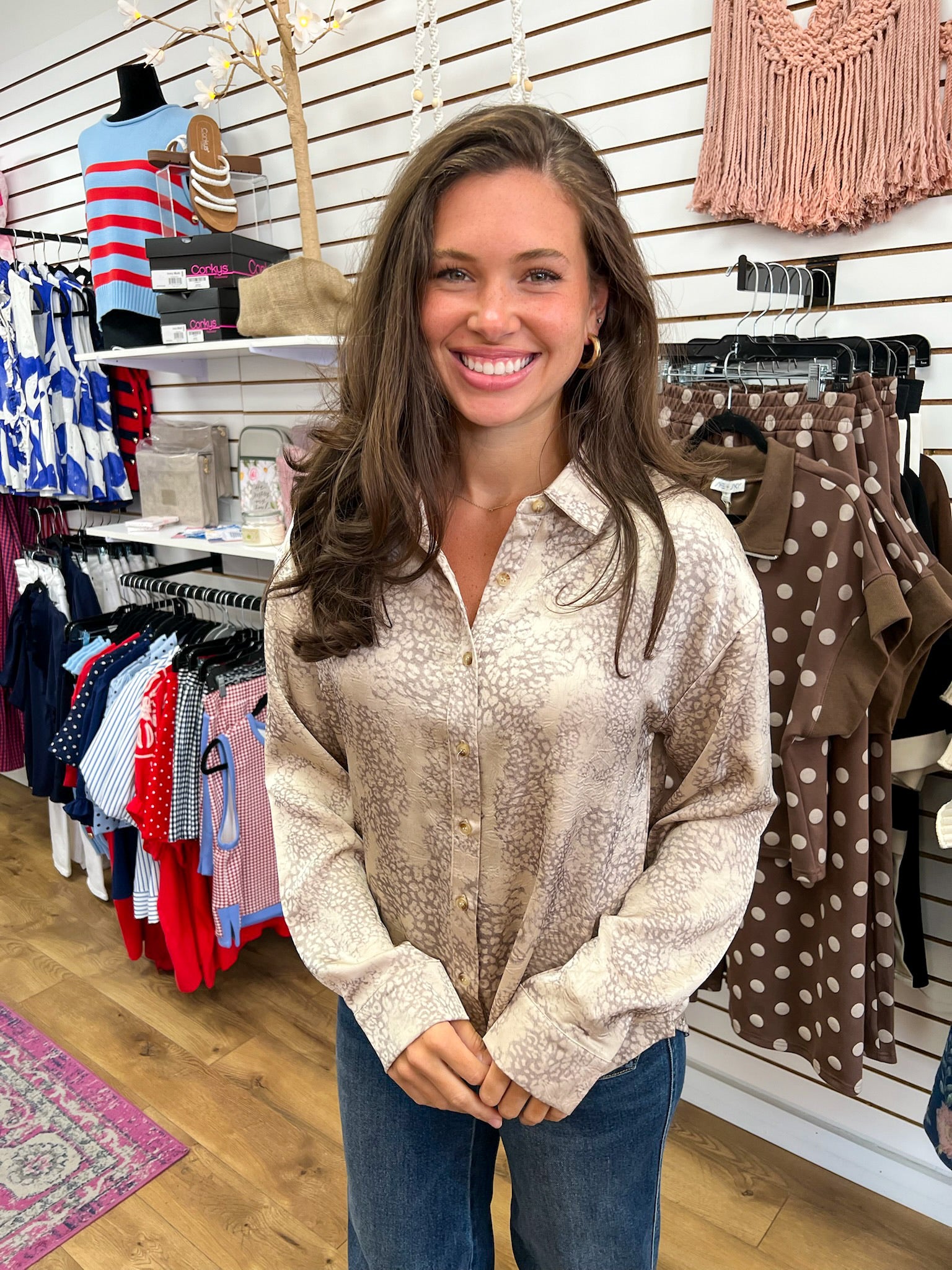 Taupe Leopard Print Long Sleeve Button Up Top -A'Bekah's Boutique