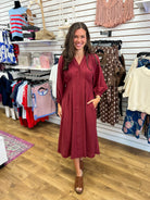 Entro burgundy button-down long sleeve midi dress with pockets and elastic cuffs