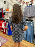 Navy blue bandana print short sleeve mini dress, back view, square pattern