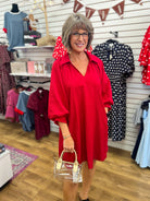 Red v-neck bubble sleeve mini dress with collar and scalloped hem
