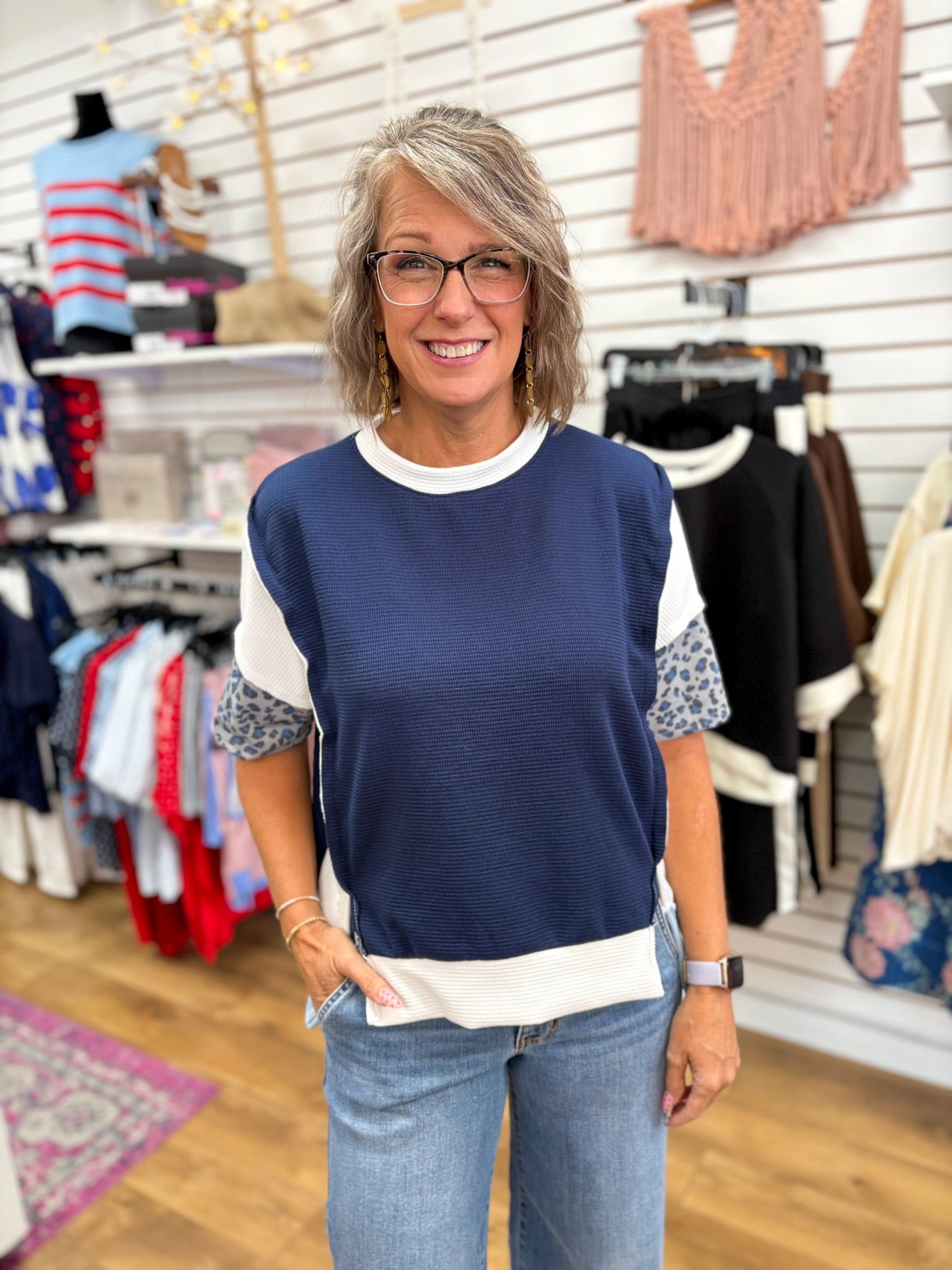 Navy Waffle Knit Top with Leopard Sleeve Accents