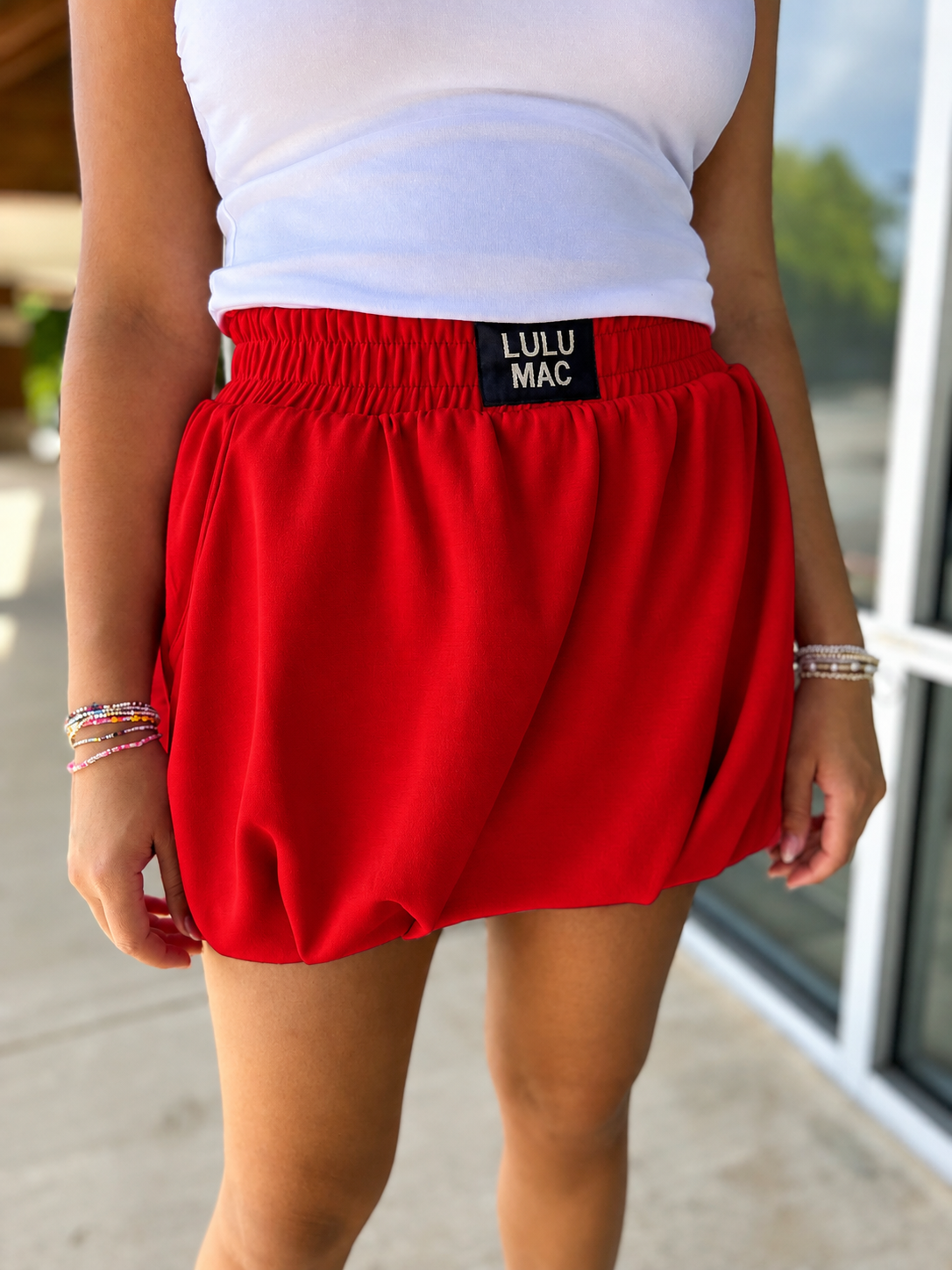 Lulu Mac red bubble skirt with elastic smocked waistband and white tank top