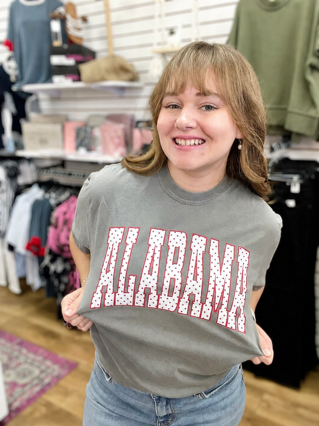 University of Alabama Grey T-Shirt with Crimson Polka Dot Graphic