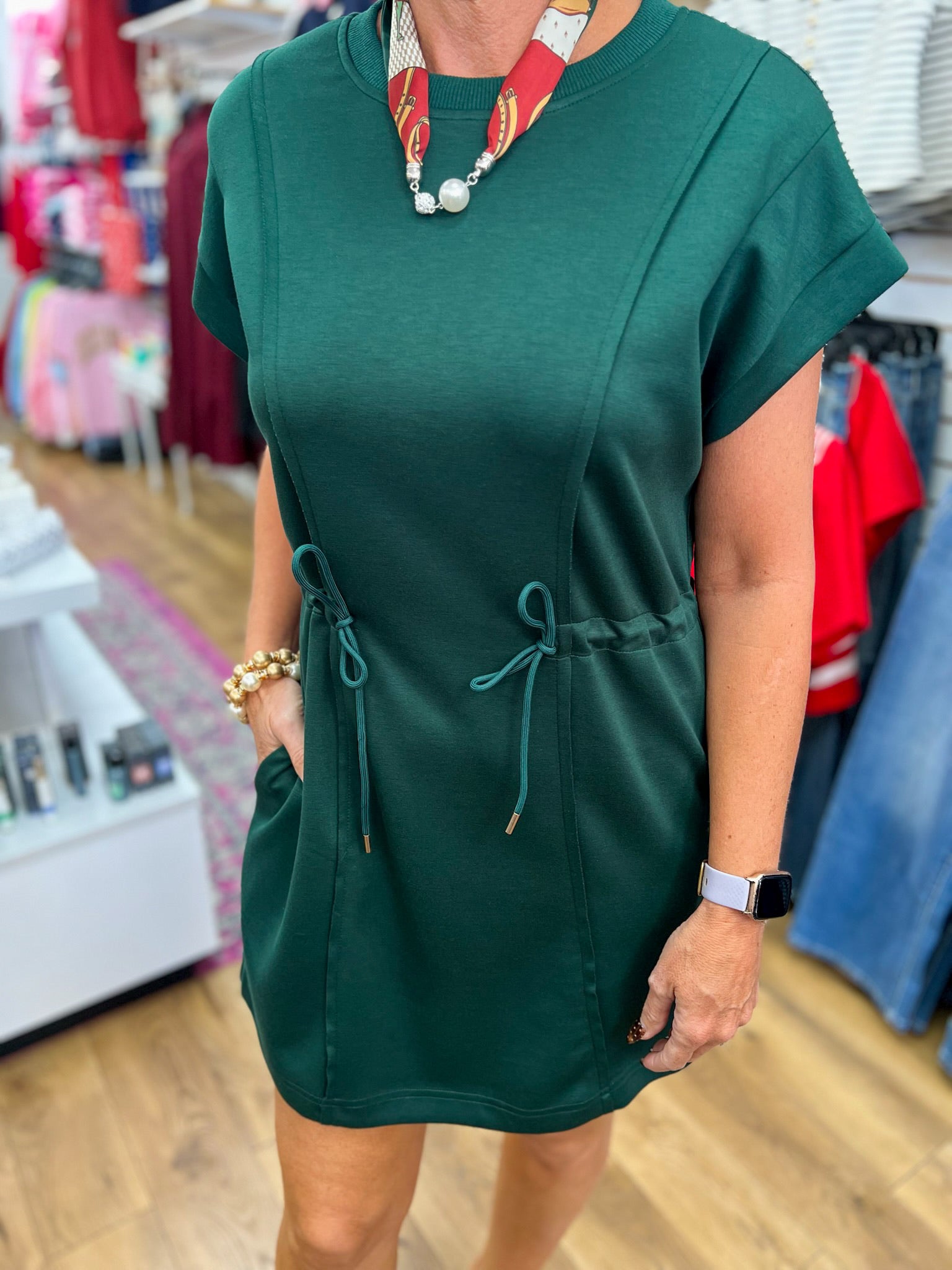 Evergreen short sleeve knit dress with drawstring waist and front pockets