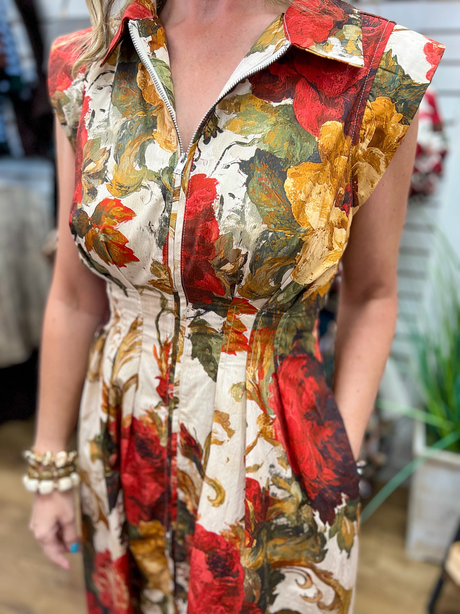 Entro multi floral sleeveless midi dress with zip front and collared neckline