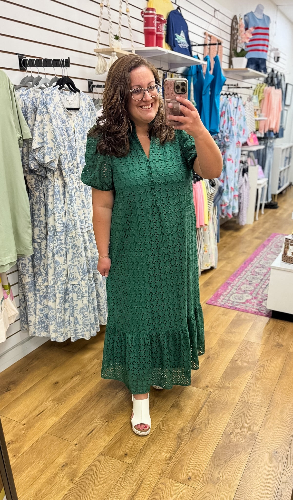 Hunter green eyelet lace midi dress with puff sleeves and ruffle hem