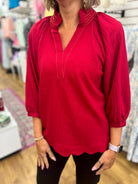 Umgee wine red V-neck blouse with gold stitching and 3/4 balloon sleeves