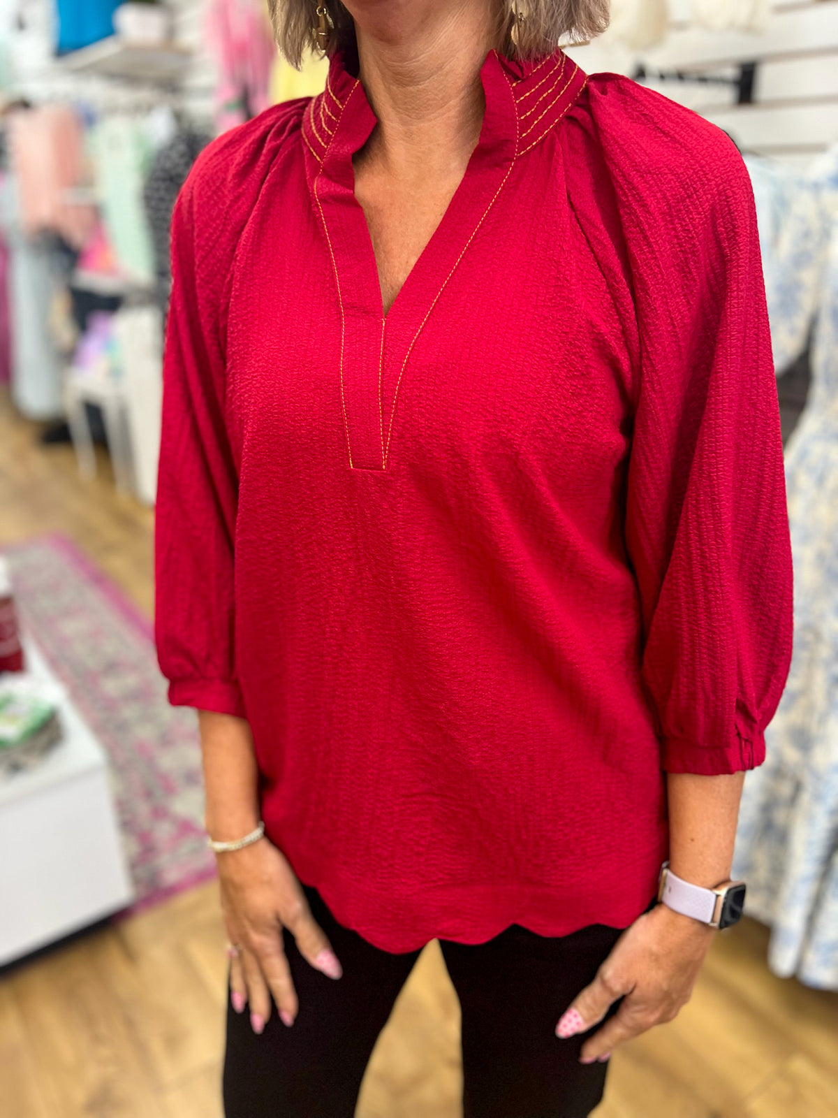 Umgee wine red V-neck blouse with gold stitching and 3/4 balloon sleeves