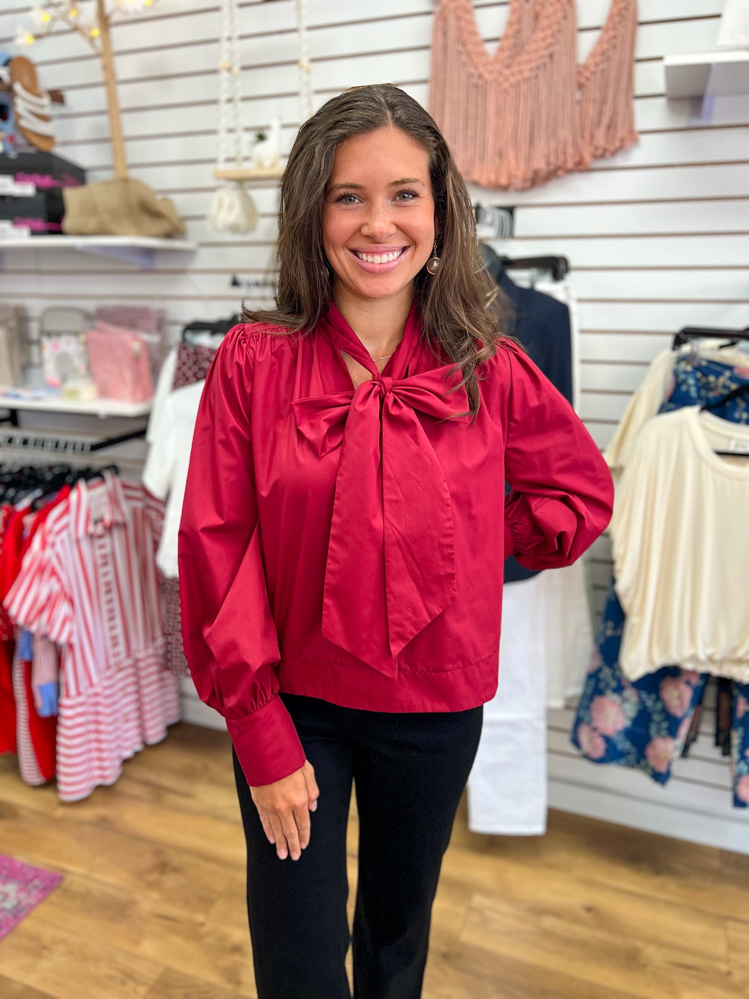 Burgundy Long Sleeve Top with Self-Tie Neckline - A'Bekah's Boutique