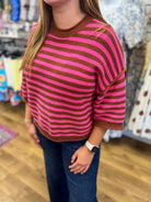 Pink and brown striped short sleeve knit sweater with crew neck