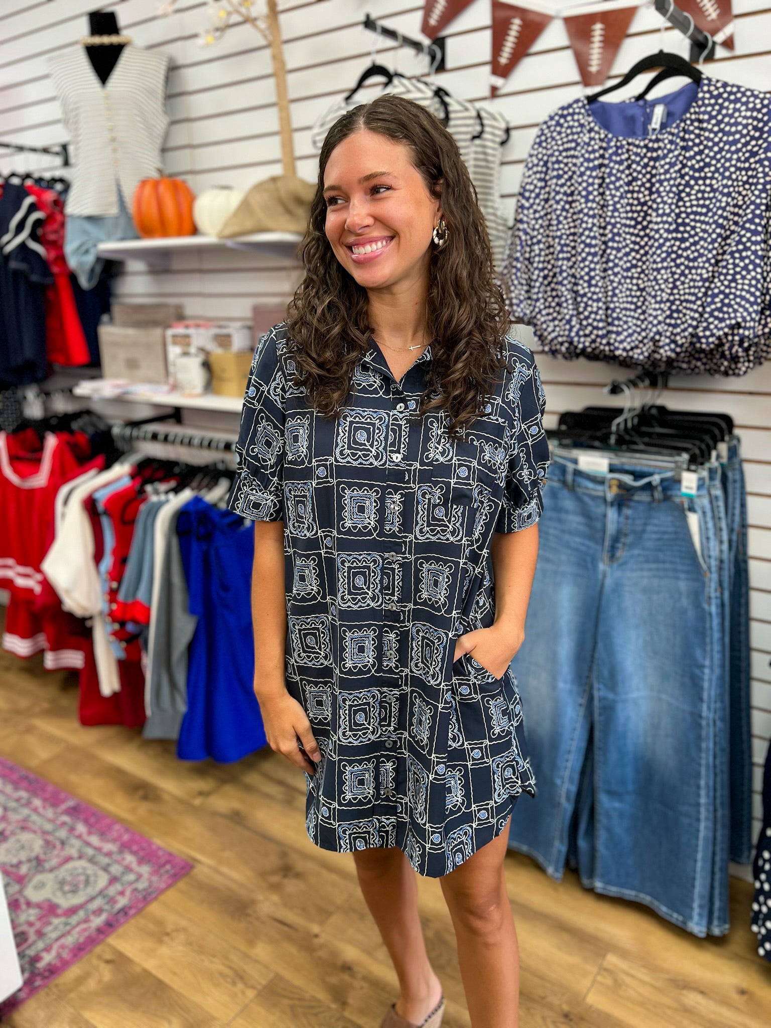 Entro navy bandana print short sleeve button-front mini shirt dress with pockets