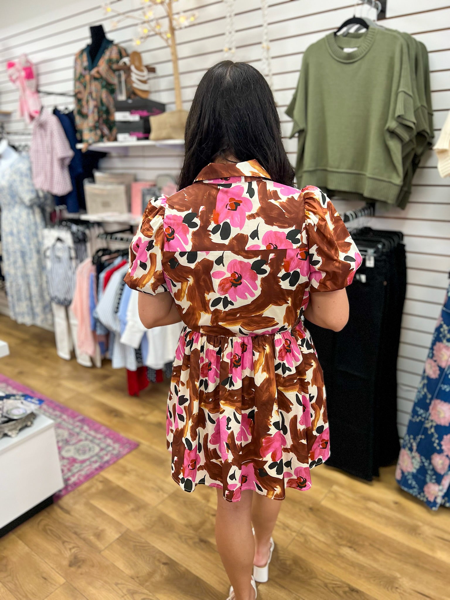 Brown and pink floral print mini dress with puff sleeves and elastic waist