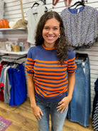 LovLov navy and orange striped short puff sleeve sweater with scallop neckline