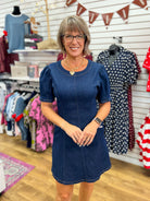 She + Sky dark denim short sleeve mini dress with puff sleeves and pockets