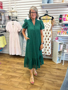 Entro hunter green eyelet lace midi dress with puff sleeves and V-neck